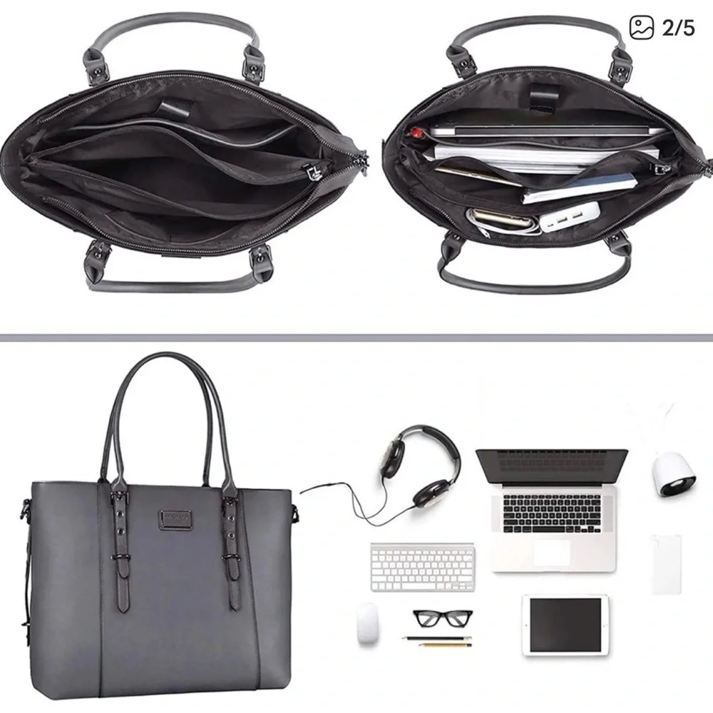 Men's Gray Leather Messenger Tote Bag with Detachable Strap